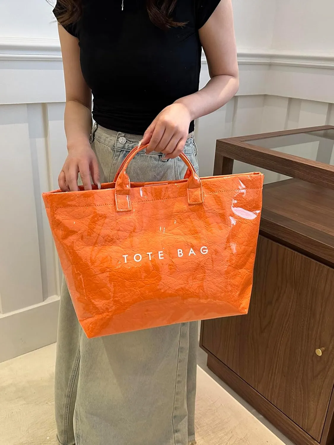 PVC Letter Print Tote Bag,Women's Work Tote Bag Carry All Tote Bag PVC Trendying Tote Bag Clear Plastic Bag with Scarf