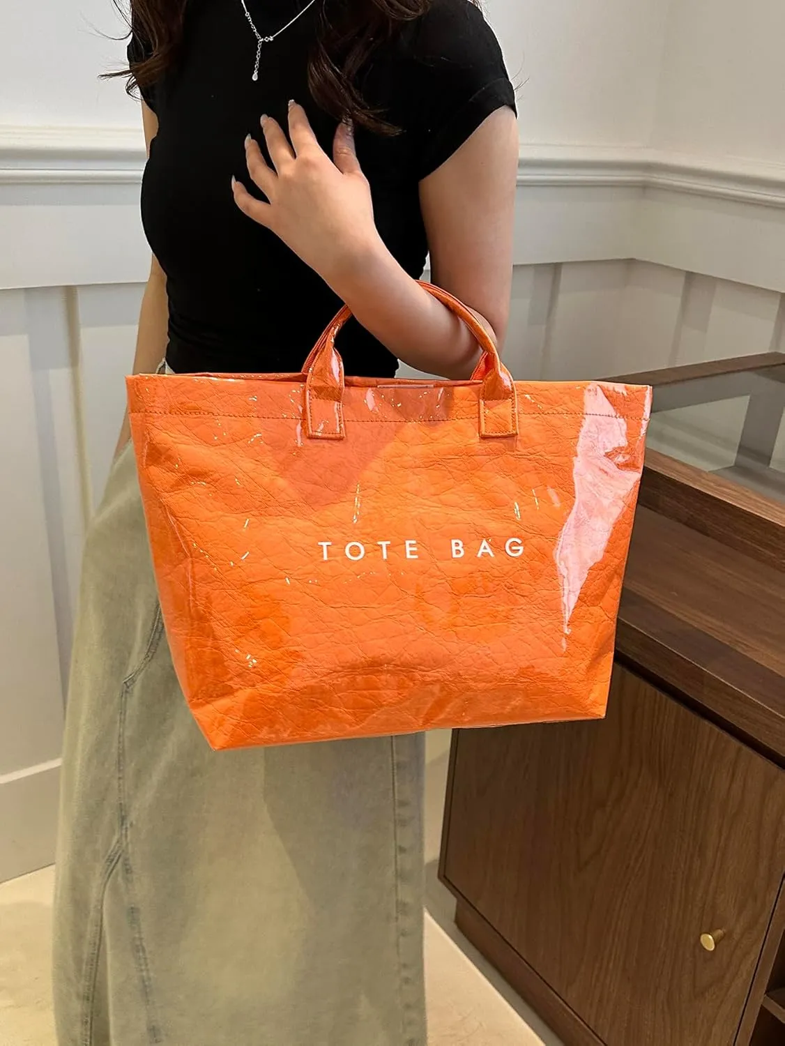 PVC Letter Print Tote Bag,Women's Work Tote Bag Carry All Tote Bag PVC Trendying Tote Bag Clear Plastic Bag with Scarf