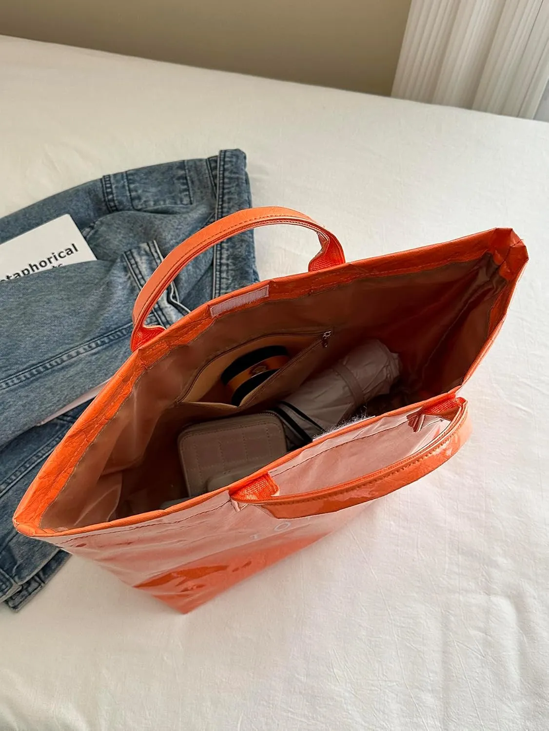 PVC Letter Print Tote Bag,Women's Work Tote Bag Carry All Tote Bag PVC Trendying Tote Bag Clear Plastic Bag with Scarf