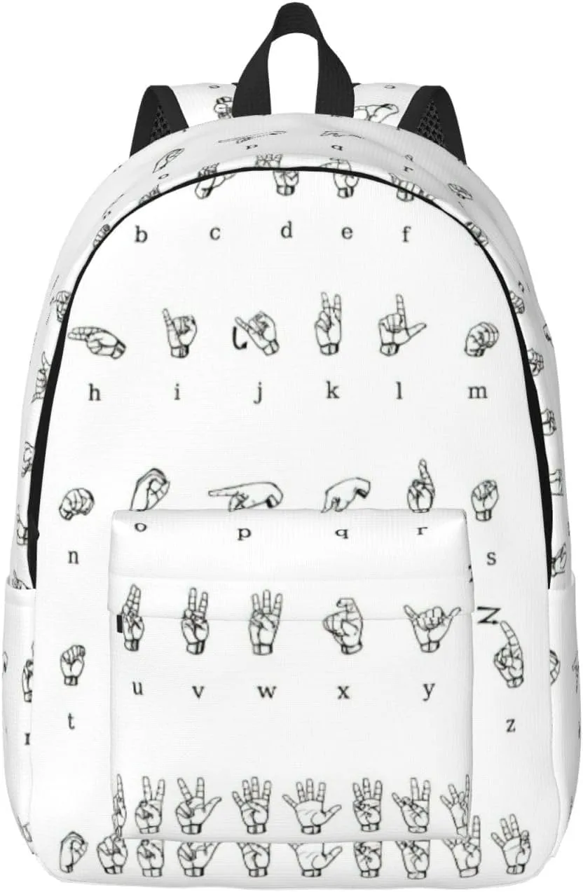 QIN&ZHENG Sign Language Alphabet Print Personalized Canvas Backpack Stylish Rucksack Novelty Casual Daypack for Travel Work