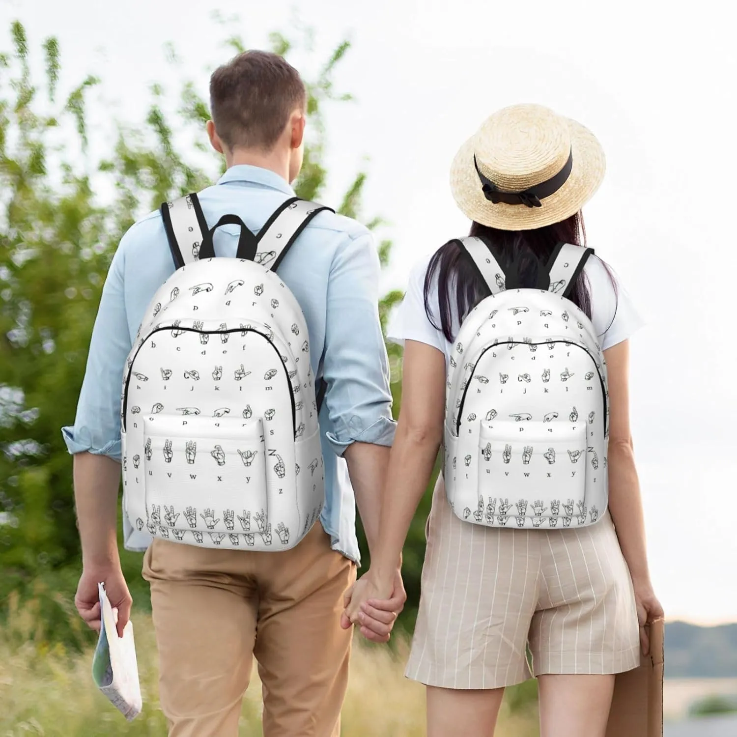 QIN&ZHENG Sign Language Alphabet Print Personalized Canvas Backpack Stylish Rucksack Novelty Casual Daypack for Travel Work