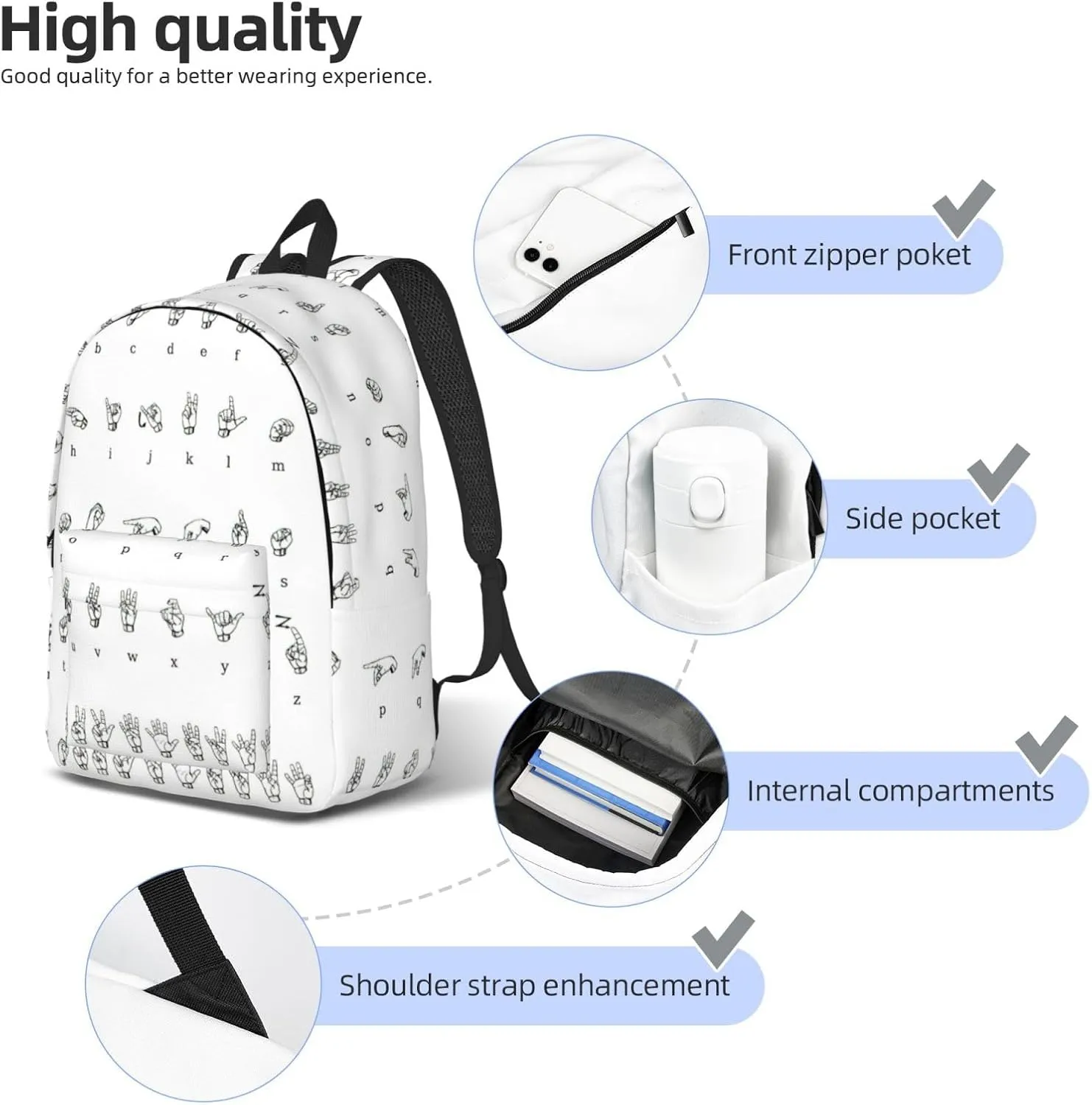 QIN&ZHENG Sign Language Alphabet Print Personalized Canvas Backpack Stylish Rucksack Novelty Casual Daypack for Travel Work