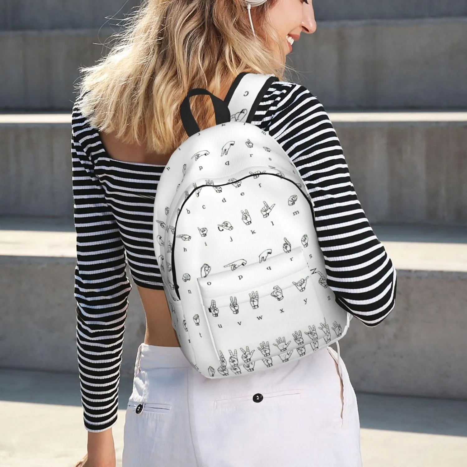 QIN&ZHENG Sign Language Alphabet Print Personalized Canvas Backpack Stylish Rucksack Novelty Casual Daypack for Travel Work