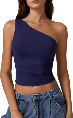 QINSEN Women's One Shoulder Tank Tops Double Lined Sleeveless Slim Fit Cropped Tee Shirt Y2k Tops