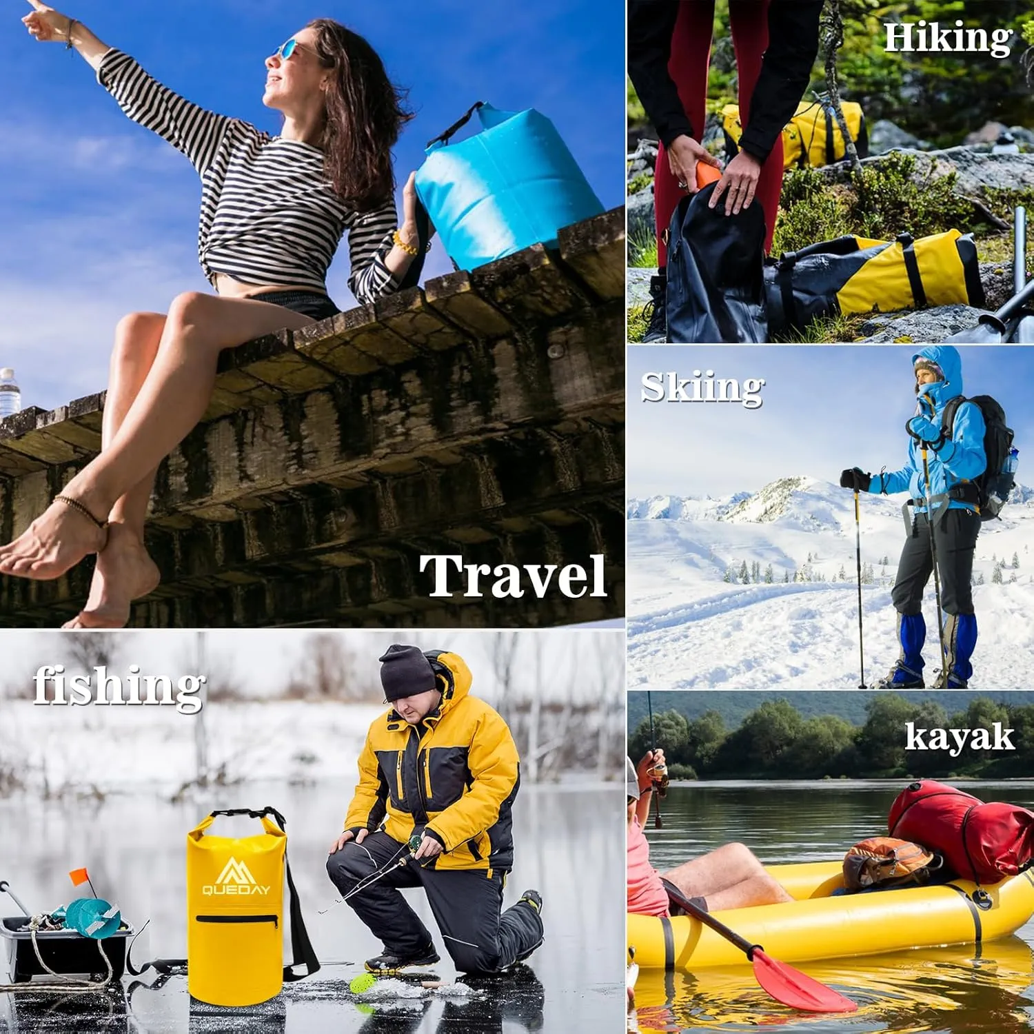 Queday Waterproof Dry Bag with Front Zippered Pocket for Women Men, 10L Roll Top Lightweight Dry Storage Bag Backpack for Travel, Kayaking, Boating, Rafting, Camping, Hiking & Beach Yellow
