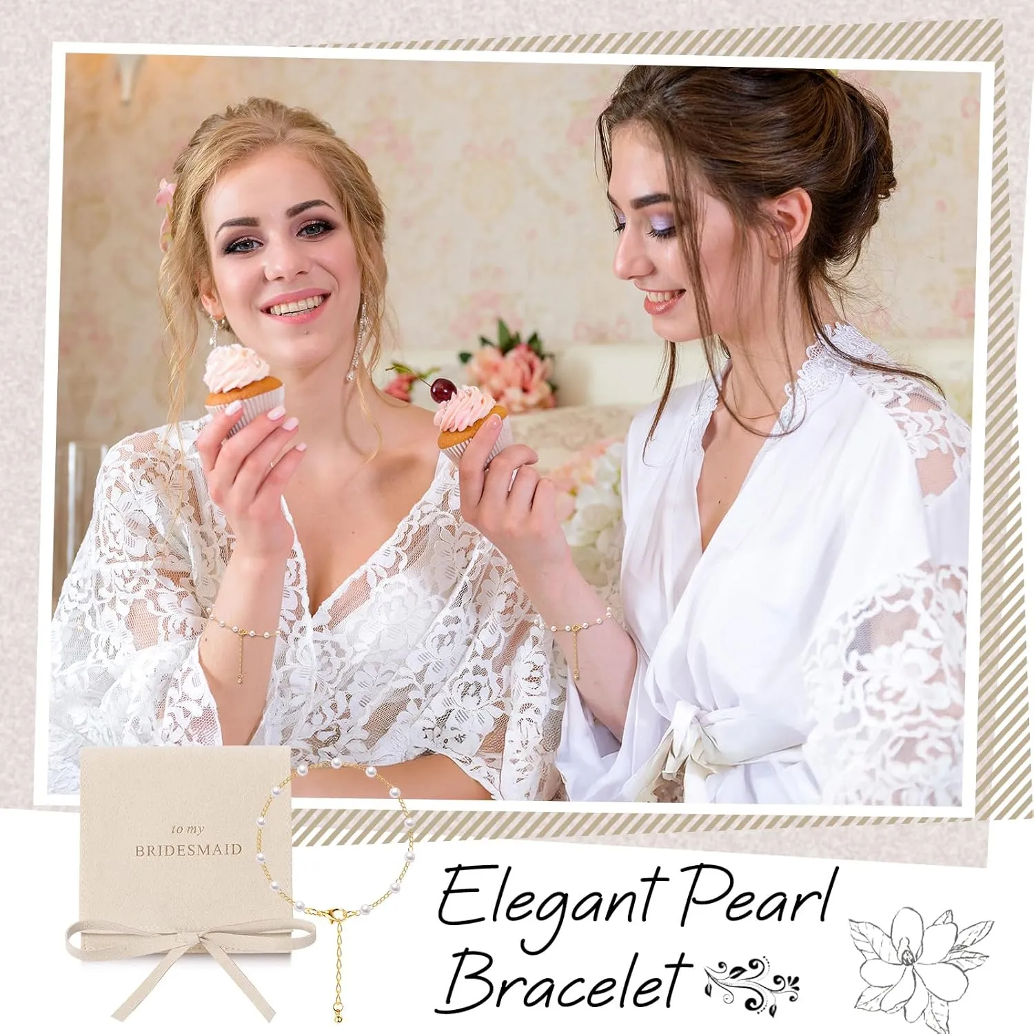 Quelay 16 Pcs Jewelry Bridesmaid Gift Pearl Bracelet Microfiber Jewelry Bag Pouch Set of 8 Jewelry Packaging bag Bridesmaid Proposal Favor for Wedding Bridal Birthday Party(Beige,Bow Tie)