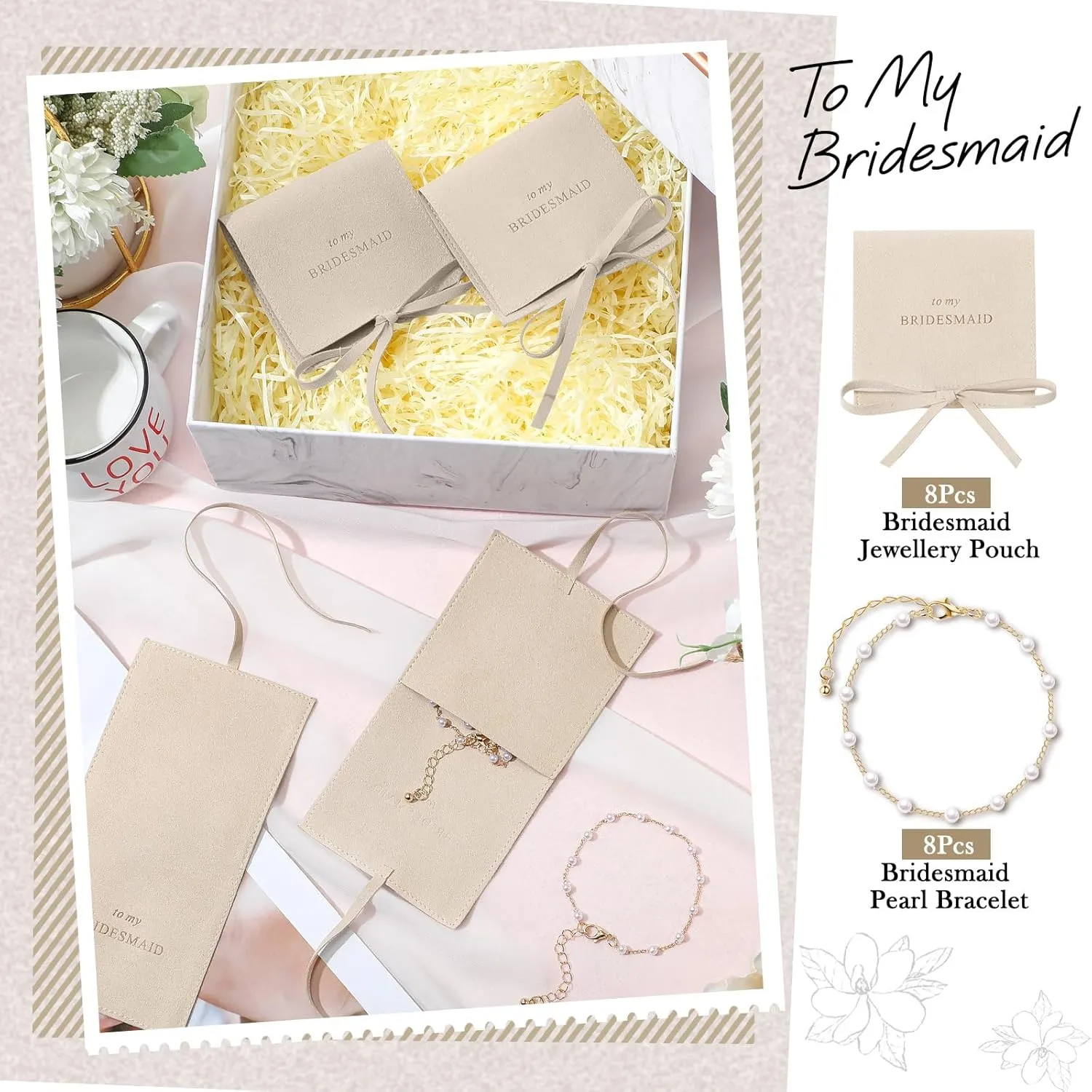 Quelay 16 Pcs Jewelry Bridesmaid Gift Pearl Bracelet Microfiber Jewelry Bag Pouch Set of 8 Jewelry Packaging bag Bridesmaid Proposal Favor for Wedding Bridal Birthday Party(Beige,Bow Tie)