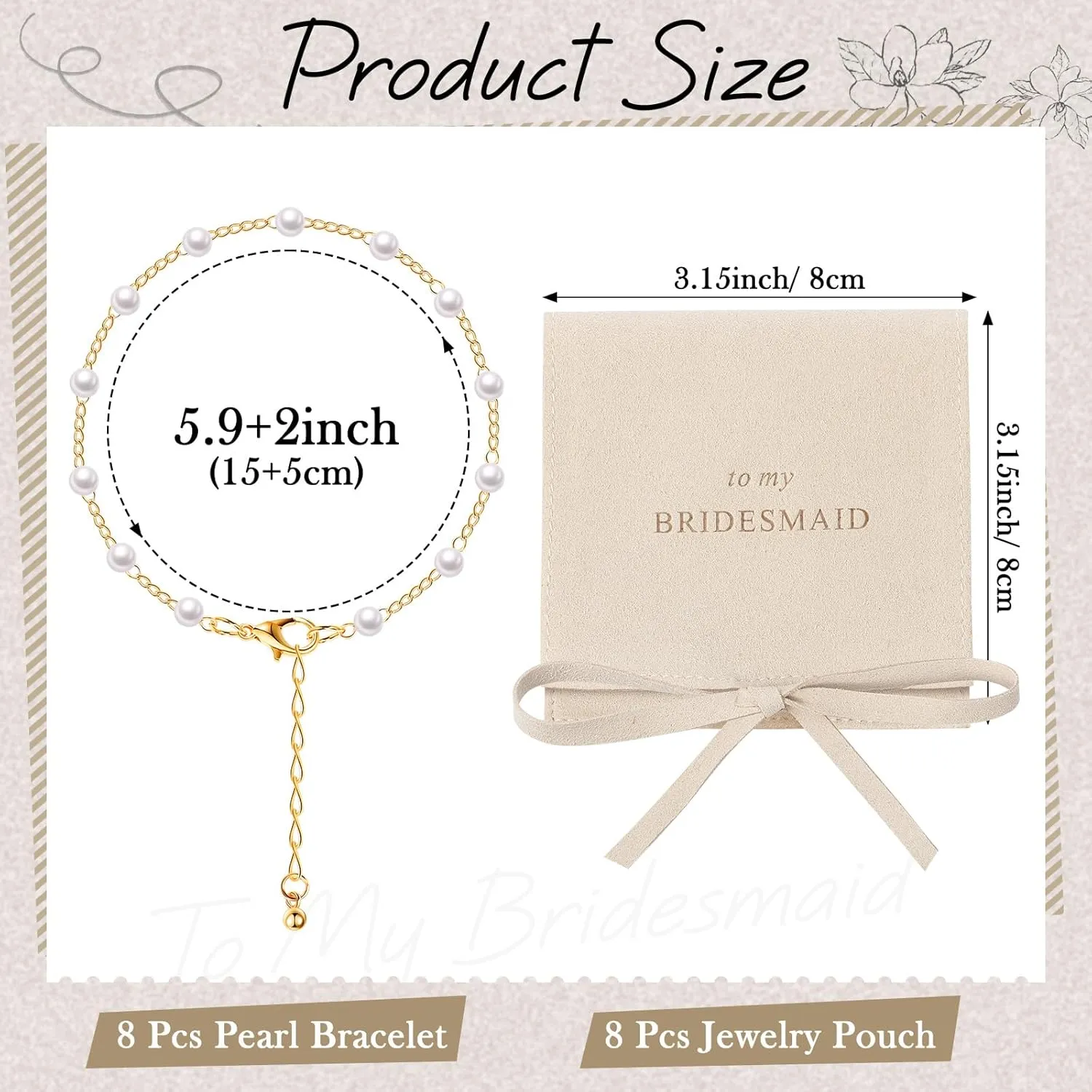 Quelay 16 Pcs Jewelry Bridesmaid Gift Pearl Bracelet Microfiber Jewelry Bag Pouch Set of 8 Jewelry Packaging bag Bridesmaid Proposal Favor for Wedding Bridal Birthday Party(Beige,Bow Tie)