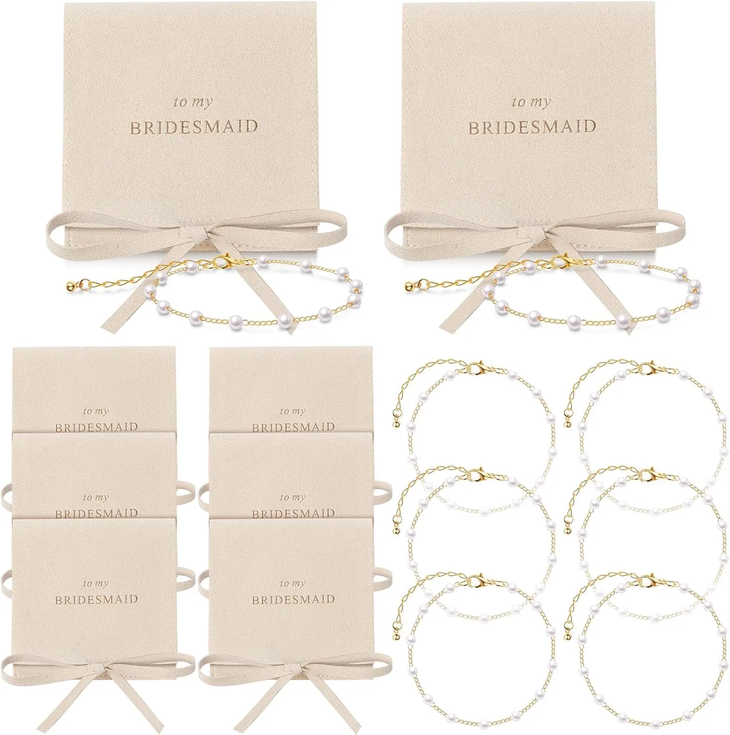 Quelay 16 Pcs Jewelry Bridesmaid Gift Pearl Bracelet Microfiber Jewelry Bag Pouch Set of 8 Jewelry Packaging bag Bridesmaid Proposal Favor for Wedding Bridal Birthday Party(Beige,Bow Tie)