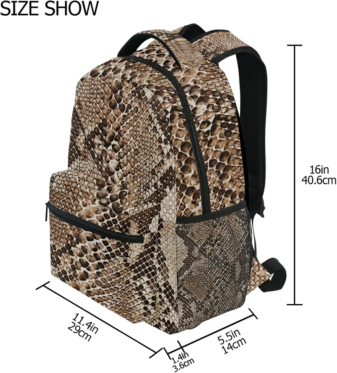 QUGRL Snake Skin Print 16" School Bookbag Cool Elementary Schoolbag College Daypack Animal Backpack Travel Sports