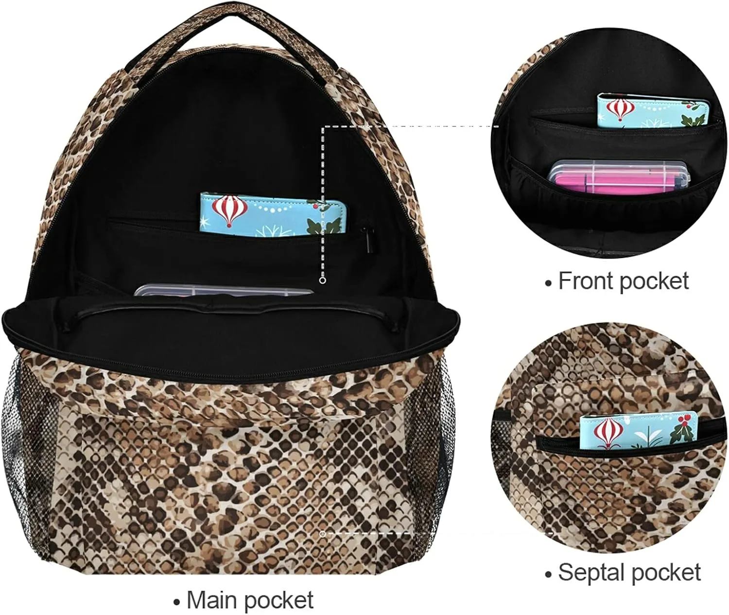 QUGRL Snake Skin Print 16" School Bookbag Cool Elementary Schoolbag College Daypack Animal Backpack Travel Sports