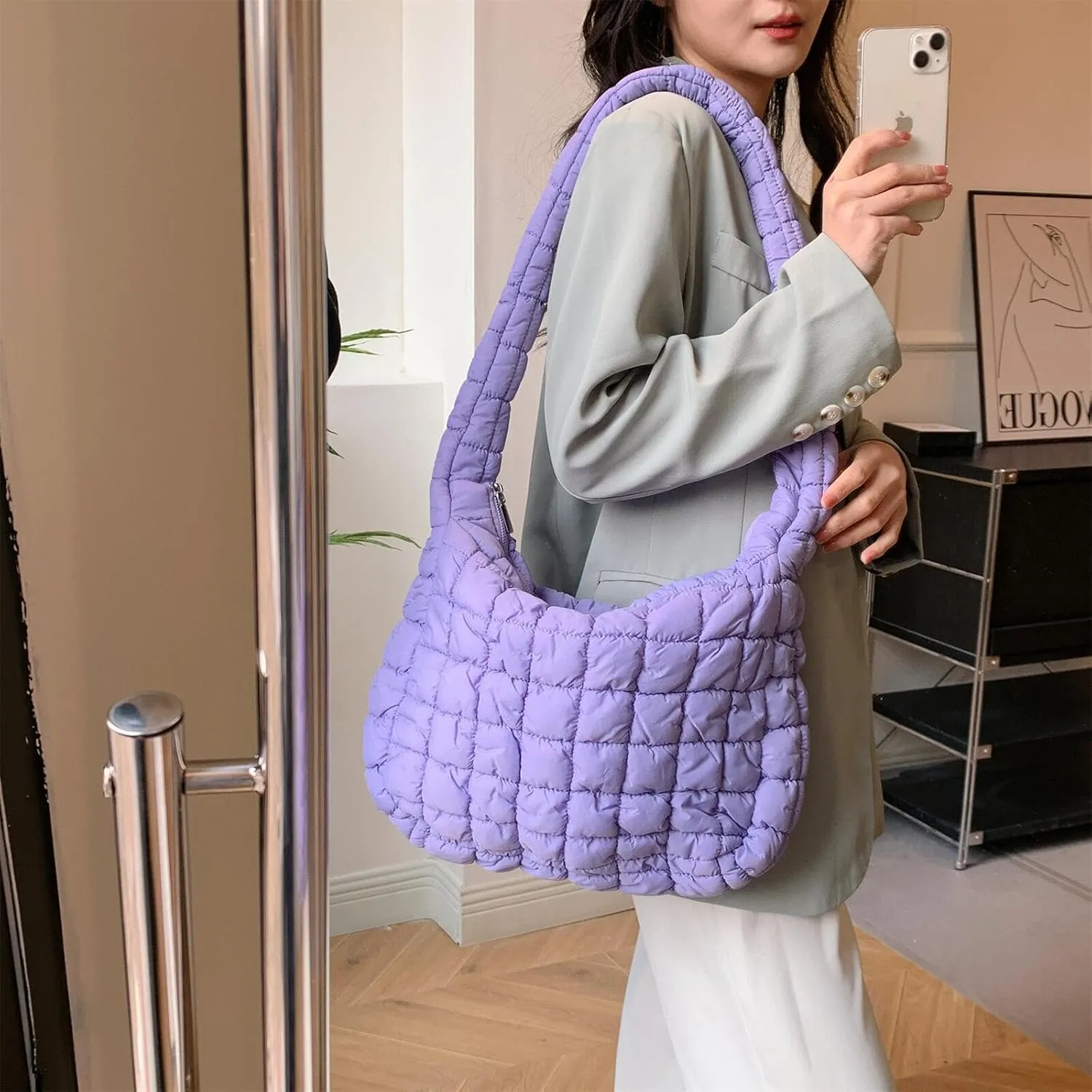 Quilted Puffer Large Shoulder Crossbody for Women Nylon Hobo Pleated Padded Handbag and Purses Lightweight