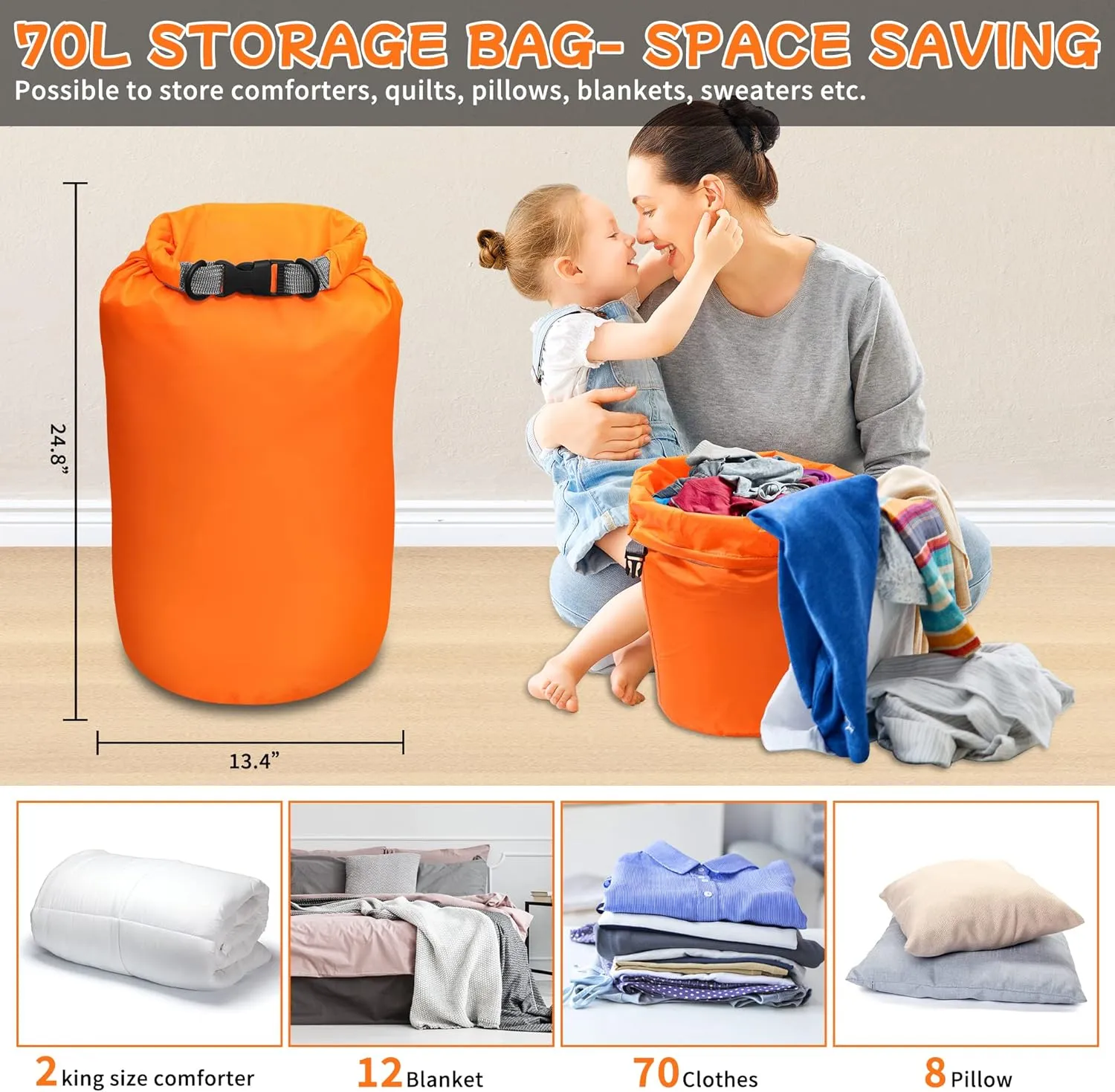 R2Depot Waterproof Dry Bag, 5L/10L/20L/40L/70L Dry Storage Bag for Kayaking, Gym, Hiking, Swimming (Green, 70L)