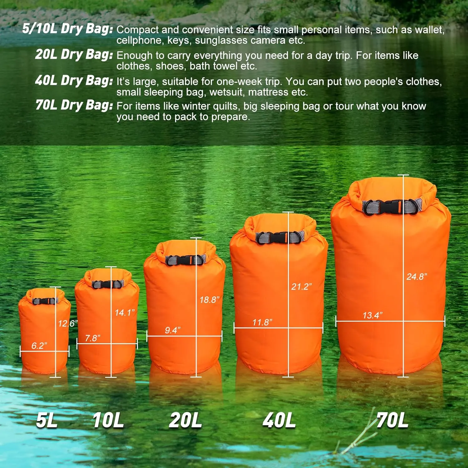 R2Depot Waterproof Dry Bag, 5L/10L/20L/40L/70L Dry Storage Bag for Kayaking, Gym, Hiking, Swimming (Purple, 40L)