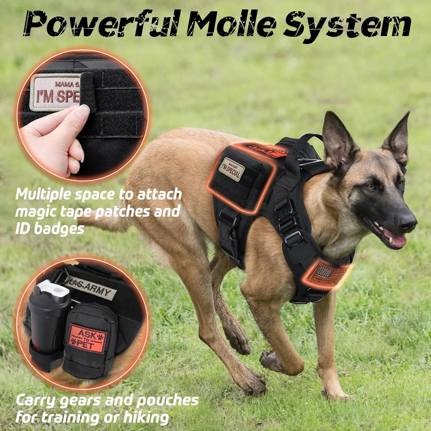 rabbitgoo Tactical Dog Harness for Large, Heavy Duty Pet Harness with Handle, No-Pull Service Vest Large Breed, Adjustable Military Dog Vest for Training Hunting Walking, Black, XL