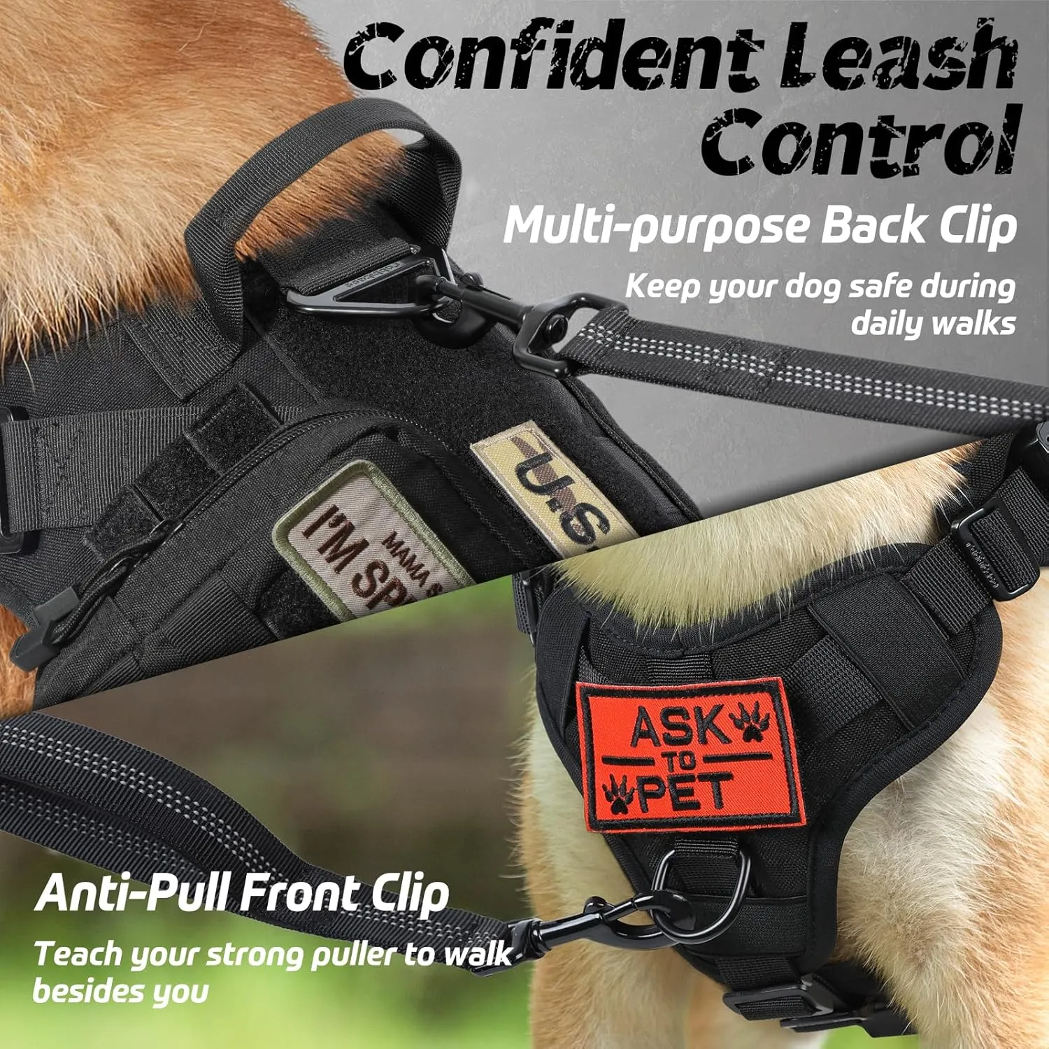 rabbitgoo Tactical Dog Harness for Large, Heavy Duty Pet Harness with Handle, No-Pull Service Vest Large Breed, Adjustable Military Dog Vest for Training Hunting Walking, Black, XL