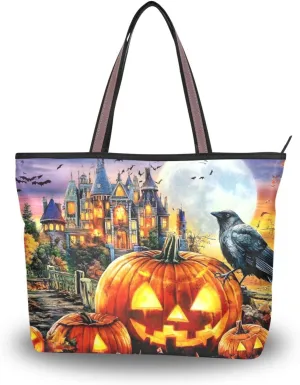 Raven Pumpkin Castle Halloween Tote Bag for Women Durable Designer Handbag with Zipper for Daily Use Travel L