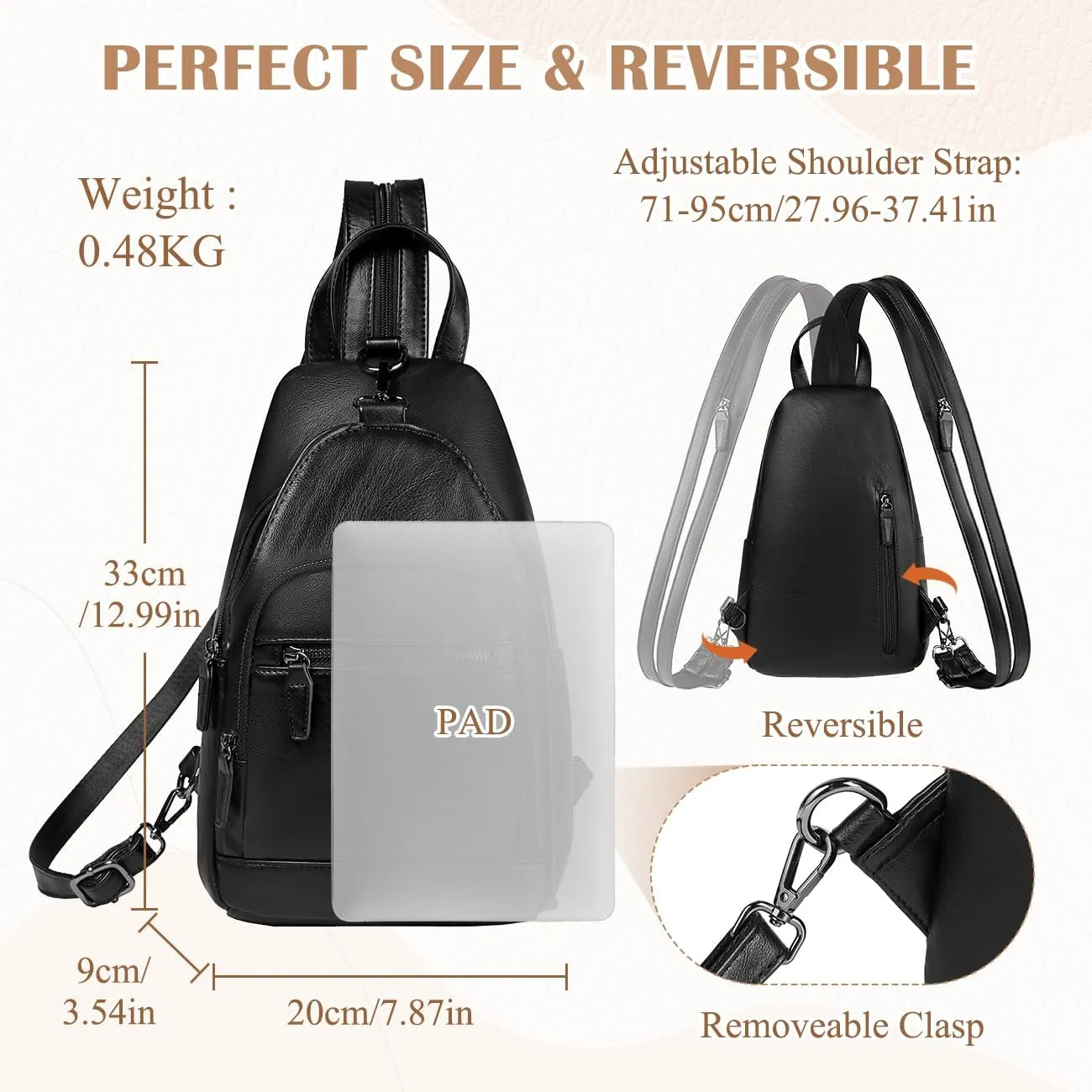 RAVUO Sling Bag for Women, Anti Theft Small Crossbody Backpack Purse Fashion PU Leather Ladies Convertible Daypack