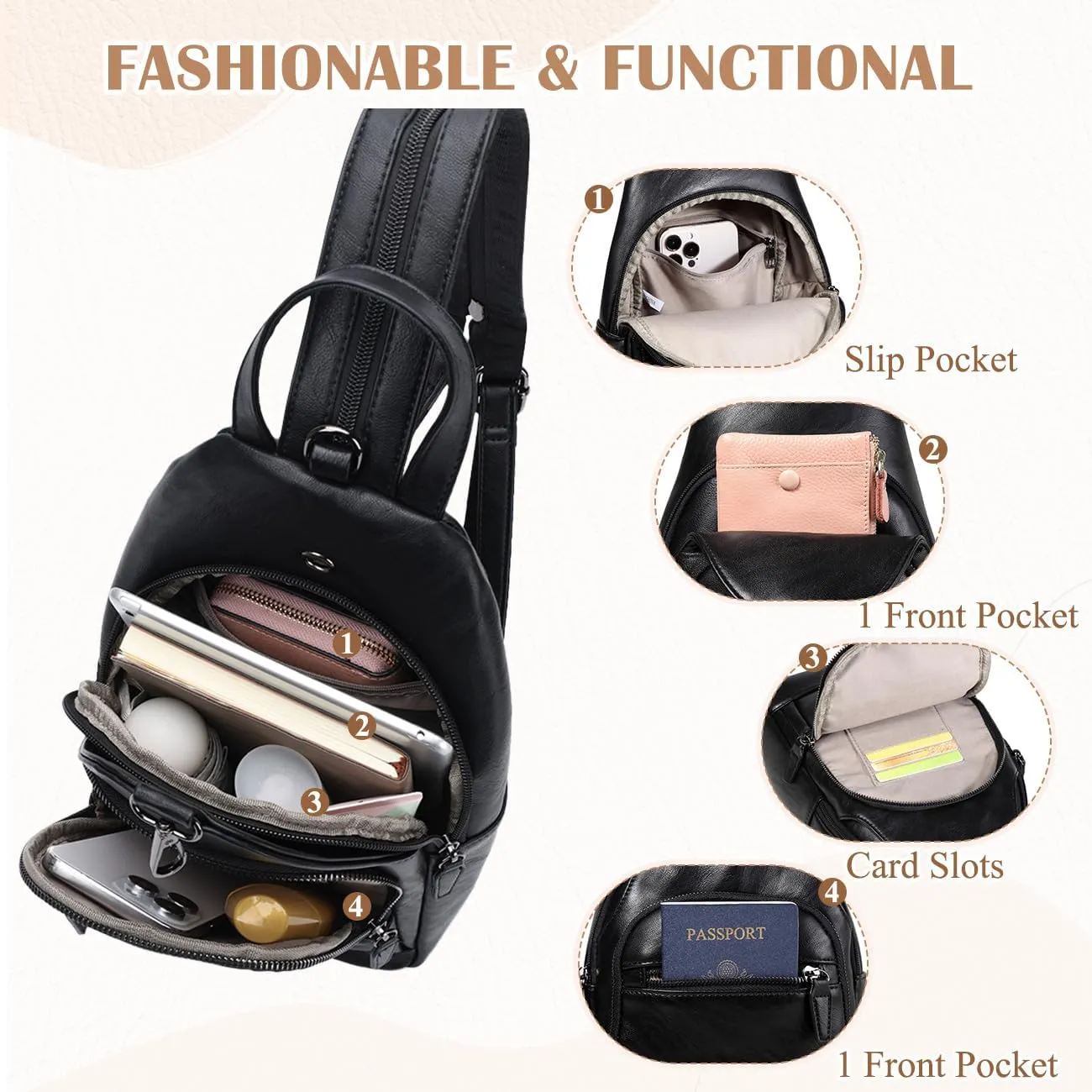 RAVUO Sling Bag for Women, Anti Theft Small Crossbody Backpack Purse Fashion PU Leather Ladies Convertible Daypack