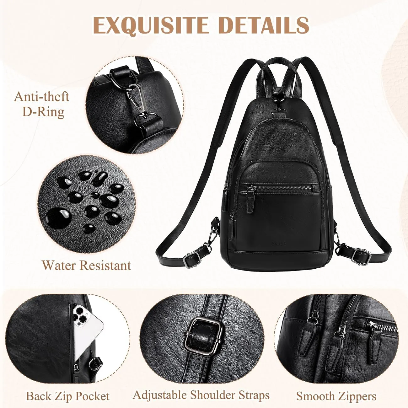 RAVUO Sling Bag for Women, Anti Theft Small Crossbody Backpack Purse Fashion PU Leather Ladies Convertible Daypack