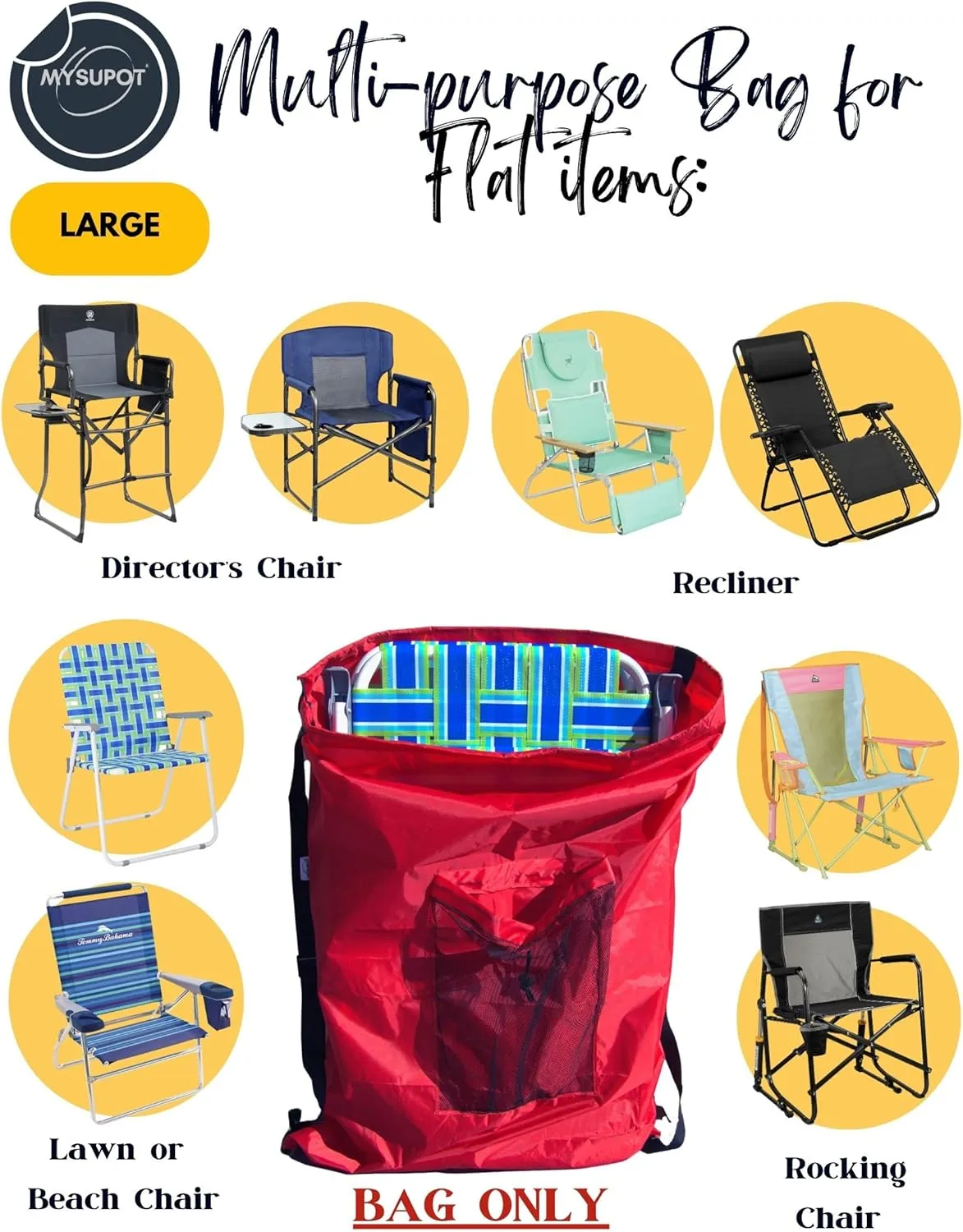 RED (Large 36"x24"x6") Beach Chair Bag. For Lawn Chair, Recliner, Director Chair, Camping Chair, Booster Car Seat, Laundry. 420D Polyester Backpack w/Adjustable Straps & Mesh Pocket