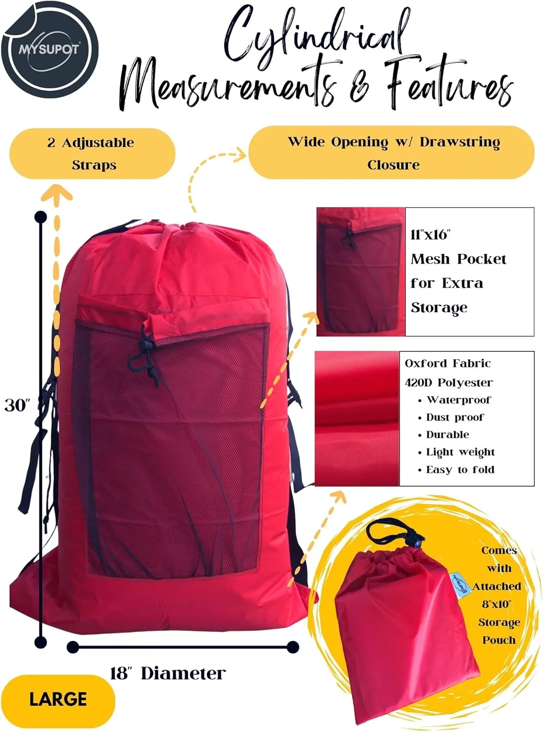 RED (Large 36"x24"x6") Beach Chair Bag. For Lawn Chair, Recliner, Director Chair, Camping Chair, Booster Car Seat, Laundry. 420D Polyester Backpack w/Adjustable Straps & Mesh Pocket