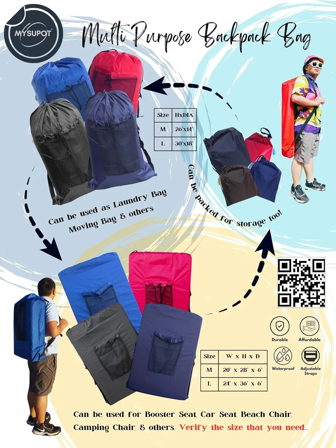 RED (Large 36"x24"x6") Beach Chair Bag. For Lawn Chair, Recliner, Director Chair, Camping Chair, Booster Car Seat, Laundry. 420D Polyester Backpack w/Adjustable Straps & Mesh Pocket