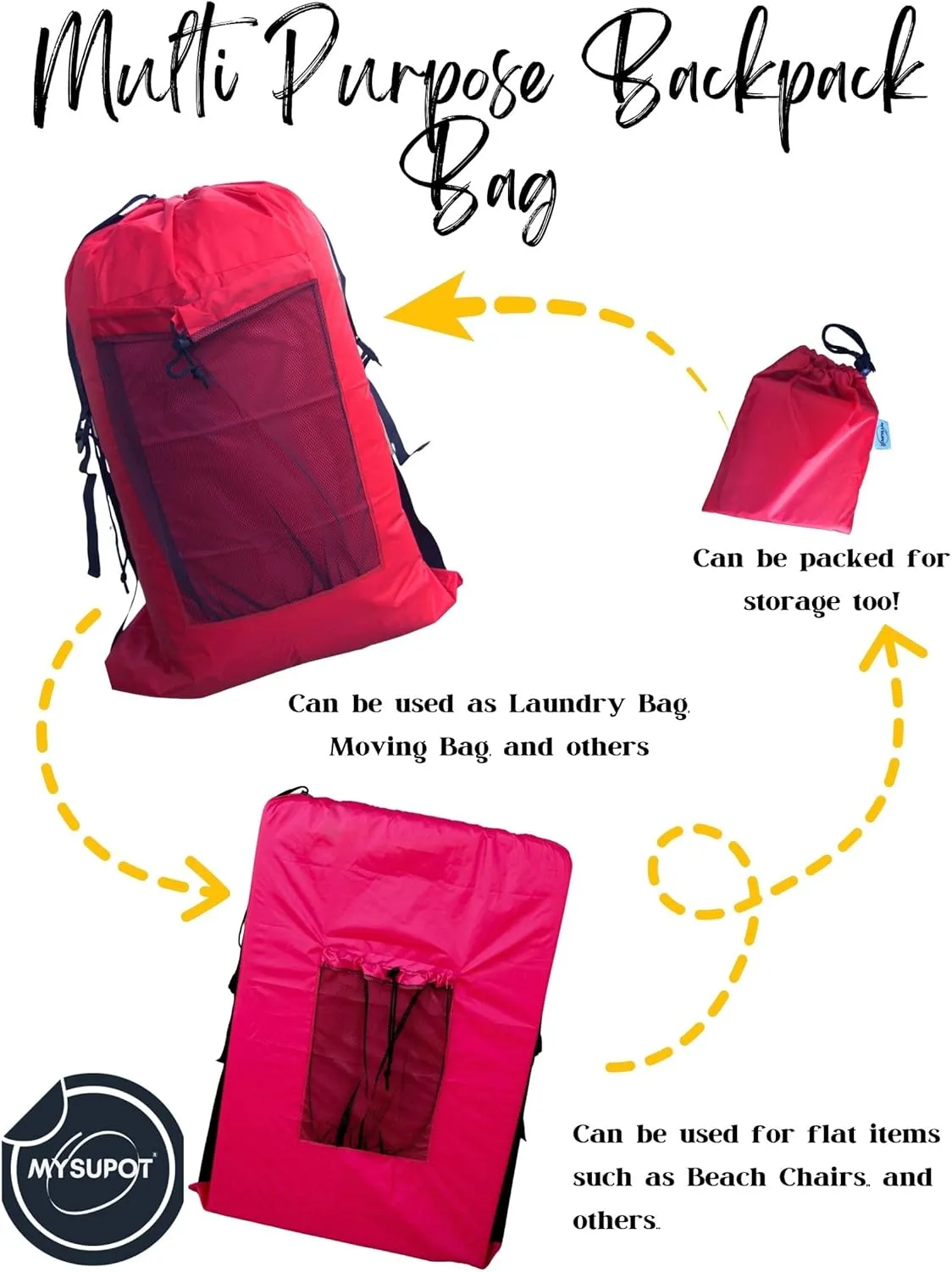 RED (Large 36"x24"x6") Beach Chair Bag. For Lawn Chair, Recliner, Director Chair, Camping Chair, Booster Car Seat, Laundry. 420D Polyester Backpack w/Adjustable Straps & Mesh Pocket