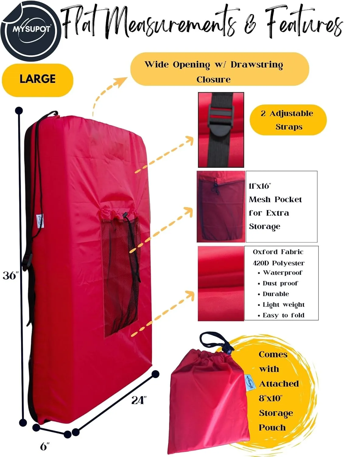 RED (Large 36"x24"x6") Beach Chair Bag. For Lawn Chair, Recliner, Director Chair, Camping Chair, Booster Car Seat, Laundry. 420D Polyester Backpack w/Adjustable Straps & Mesh Pocket