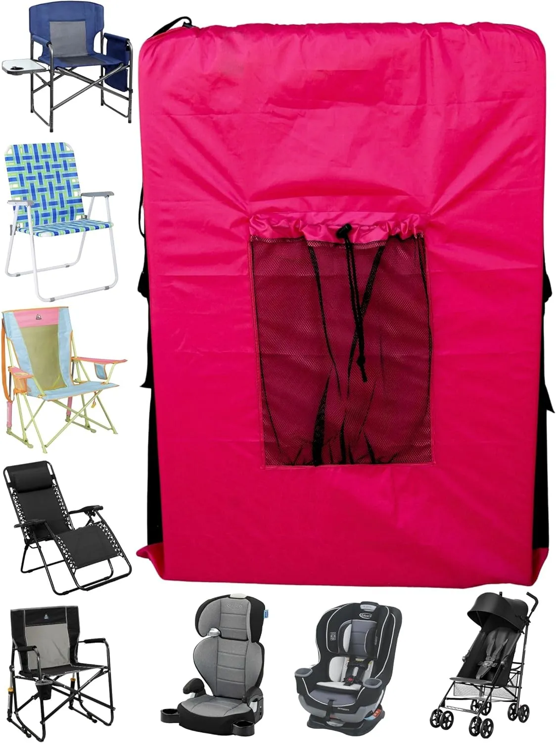 RED (Large 36"x24"x6") Beach Chair Bag. For Lawn Chair, Recliner, Director Chair, Camping Chair, Booster Car Seat, Laundry. 420D Polyester Backpack w/Adjustable Straps & Mesh Pocket