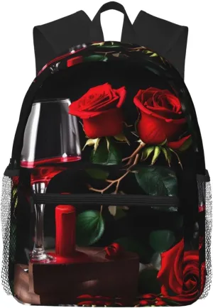 Red Rose and Wine Romantic Lovers Decor print Lightweight duffel bag, travel hiking daypack, comfortable backpack, sports bag