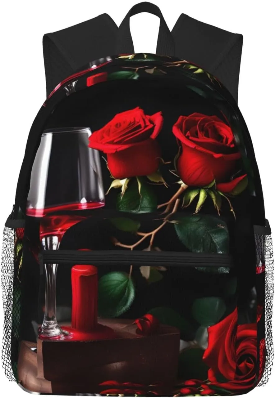 Red Rose and Wine Romantic Lovers Decor print Lightweight duffel bag, travel hiking daypack, comfortable backpack, sports bag