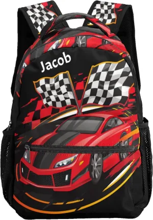Red Track Car Personalized Kids School Backpack Custom for Boys Girls Primary Daypack School Bookbag Travel Bag
