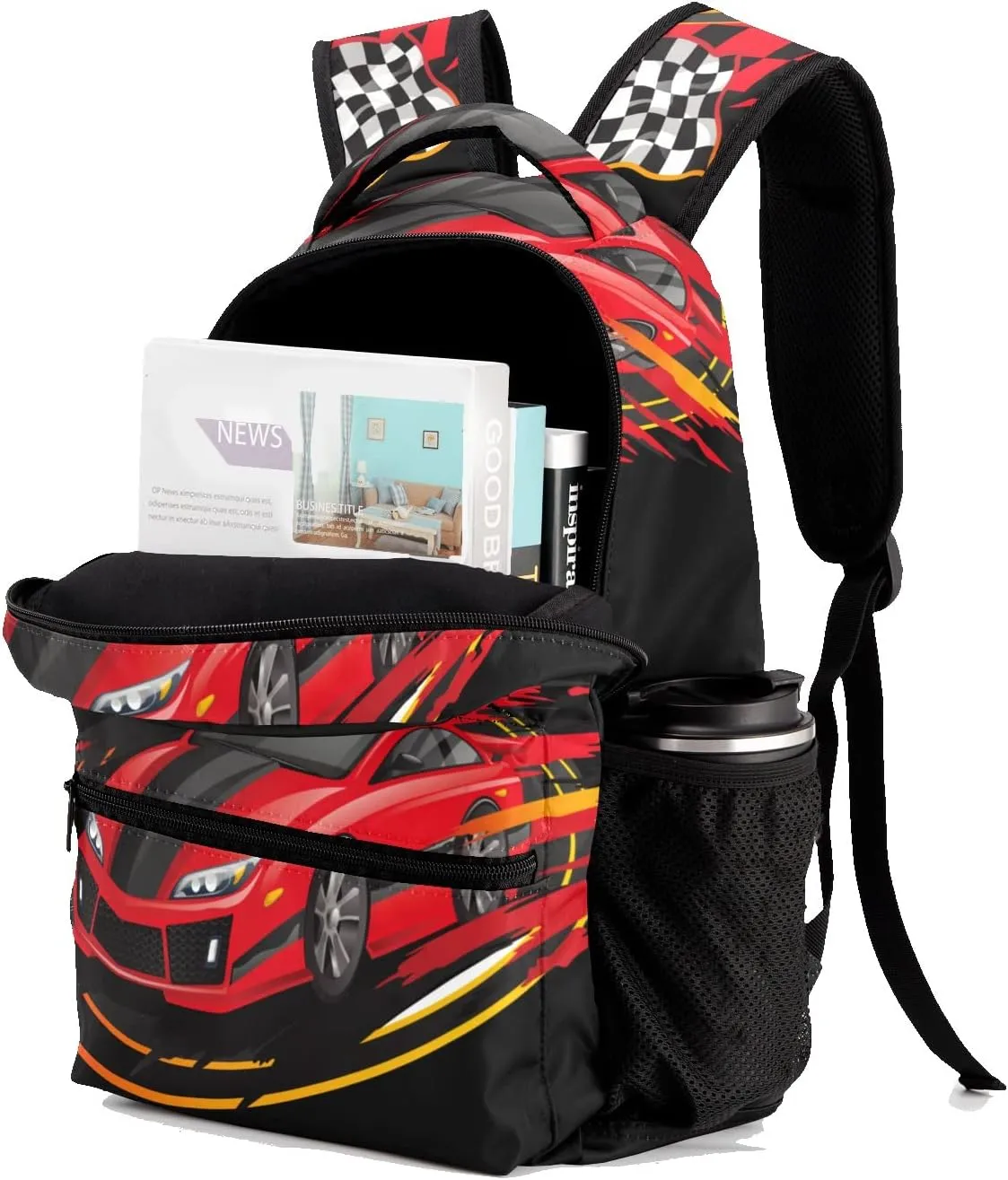 Red Track Car Personalized Kids School Backpack Custom for Boys Girls Primary Daypack School Bookbag Travel Bag