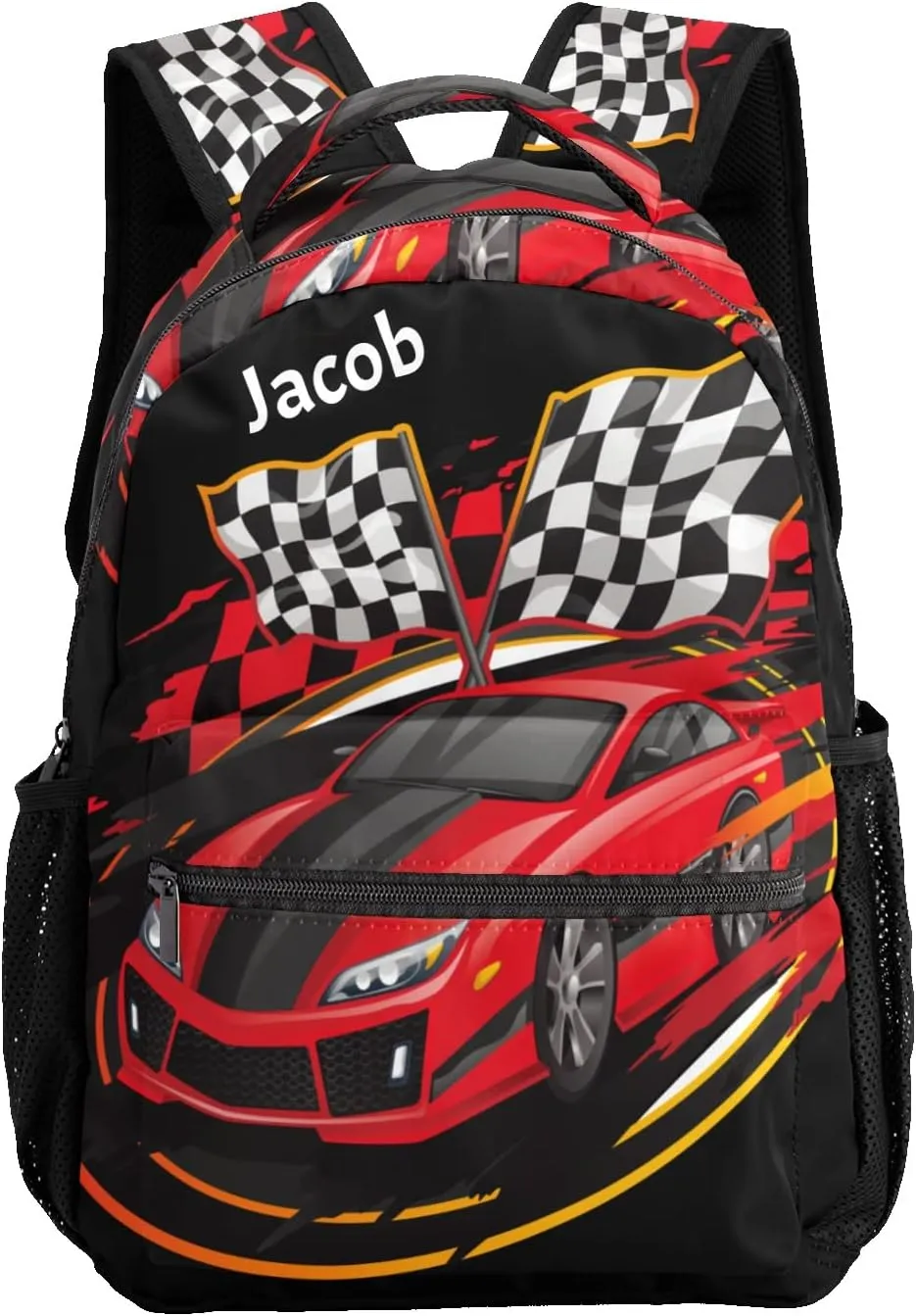 Red Track Car Personalized Kids School Backpack Custom for Boys Girls Primary Daypack School Bookbag Travel Bag