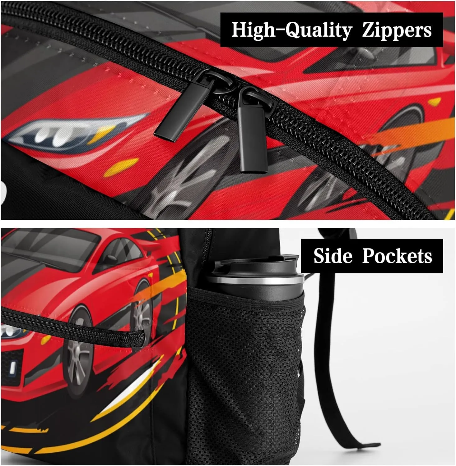 Red Track Car Personalized Kids School Backpack Custom for Boys Girls Primary Daypack School Bookbag Travel Bag