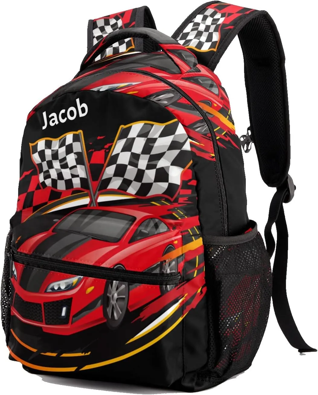 Red Track Car Personalized Kids School Backpack Custom for Boys Girls Primary Daypack School Bookbag Travel Bag