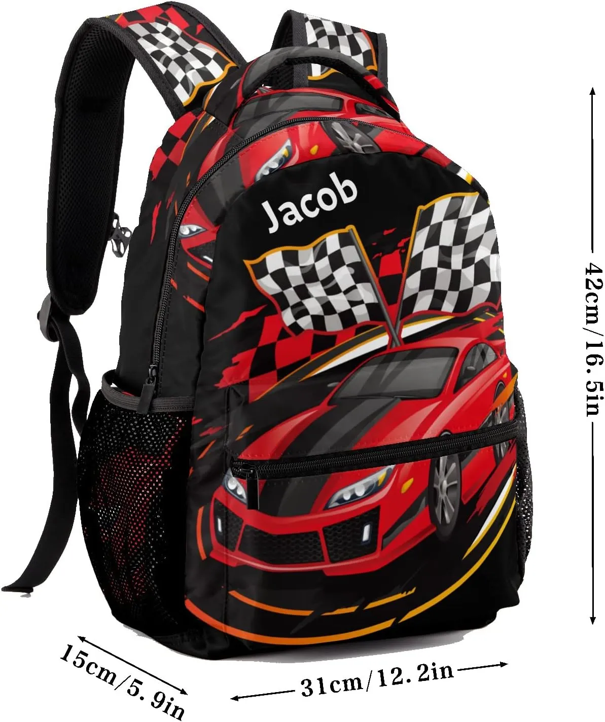 Red Track Car Personalized Kids School Backpack Custom for Boys Girls Primary Daypack School Bookbag Travel Bag