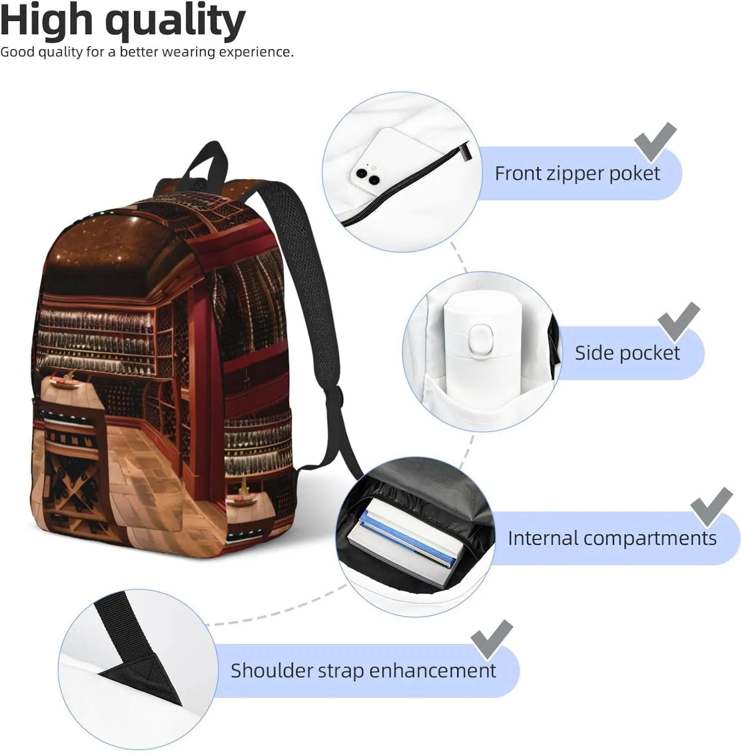 Red Wine Cellar print Hiking Backpack Casual Daypack Outdoor Travel Backpacks Bookbag for Men Women Adult