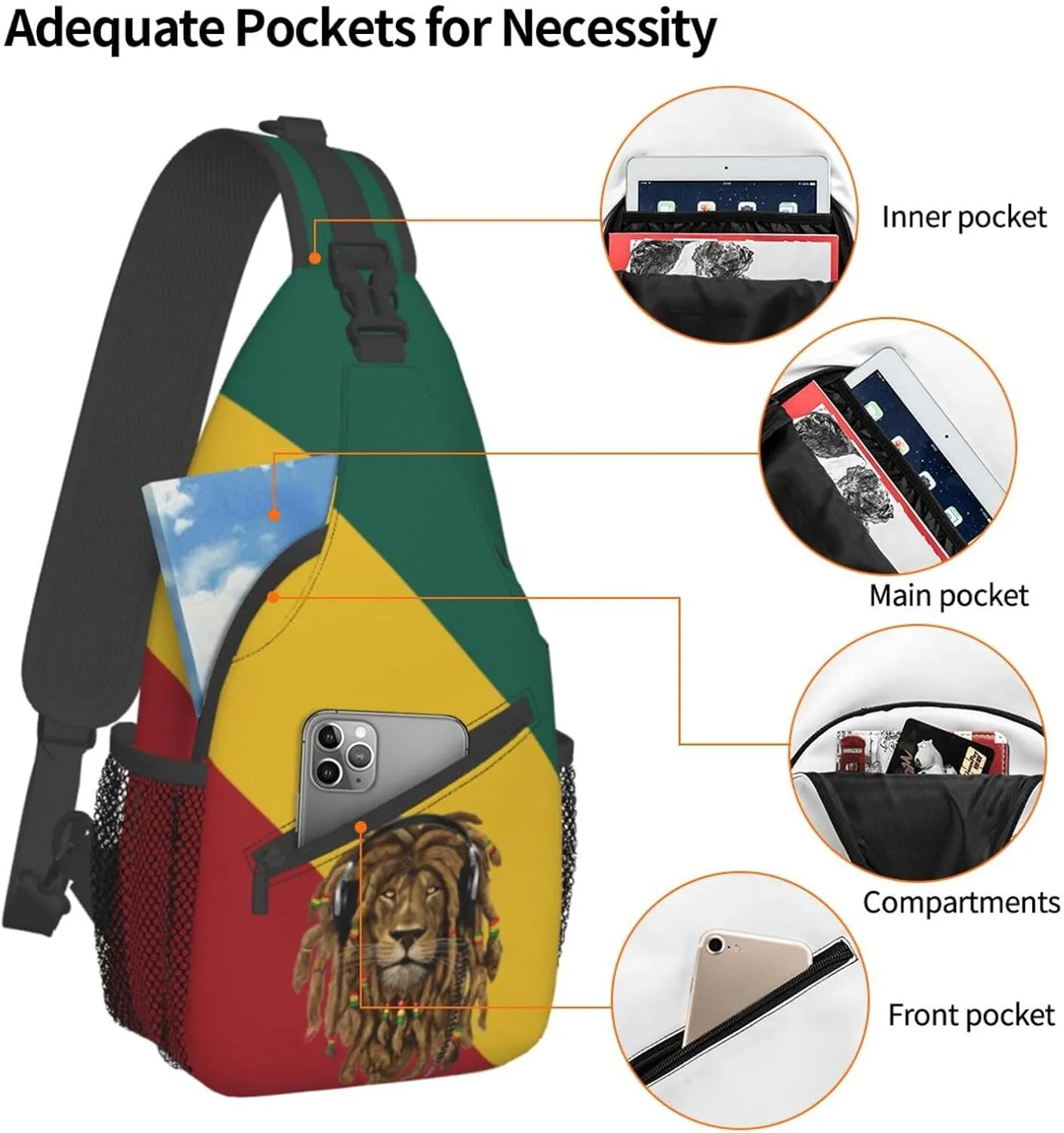 Reggae Rastafarian Rasta Rastafari Lion Of Judah Men Crossbody Chest Bag Shoulder Bag Adjustable Strap Daypack