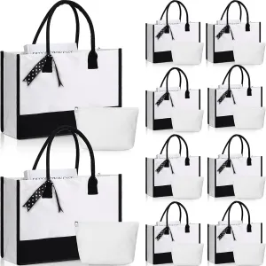 Reginary 10 Pcs Women Canvas Gift Bag with Makeup Bag Reusable Tote for Wedding Shopping Grocery