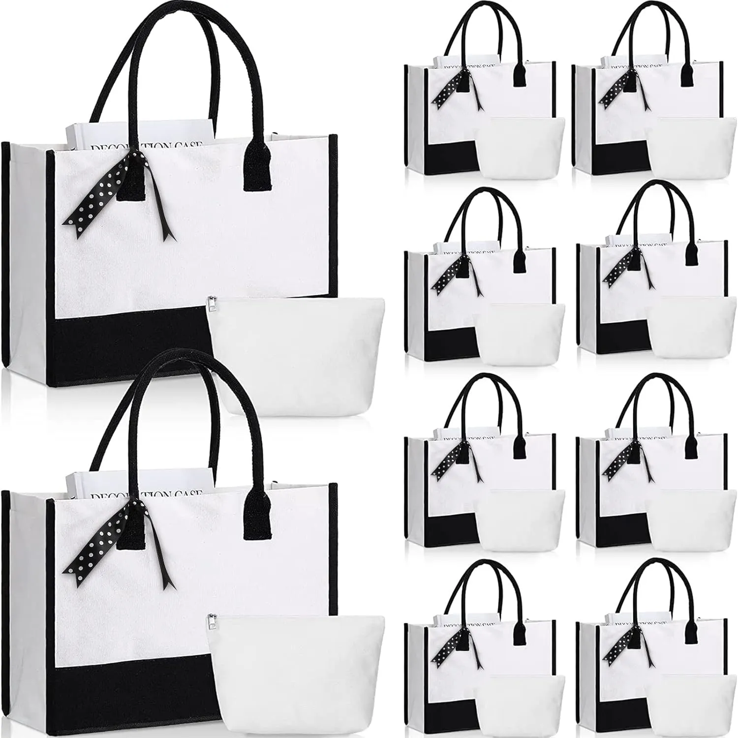 Reginary 10 Pcs Women Canvas Gift Bag with Makeup Bag Reusable Tote for Wedding Shopping Grocery