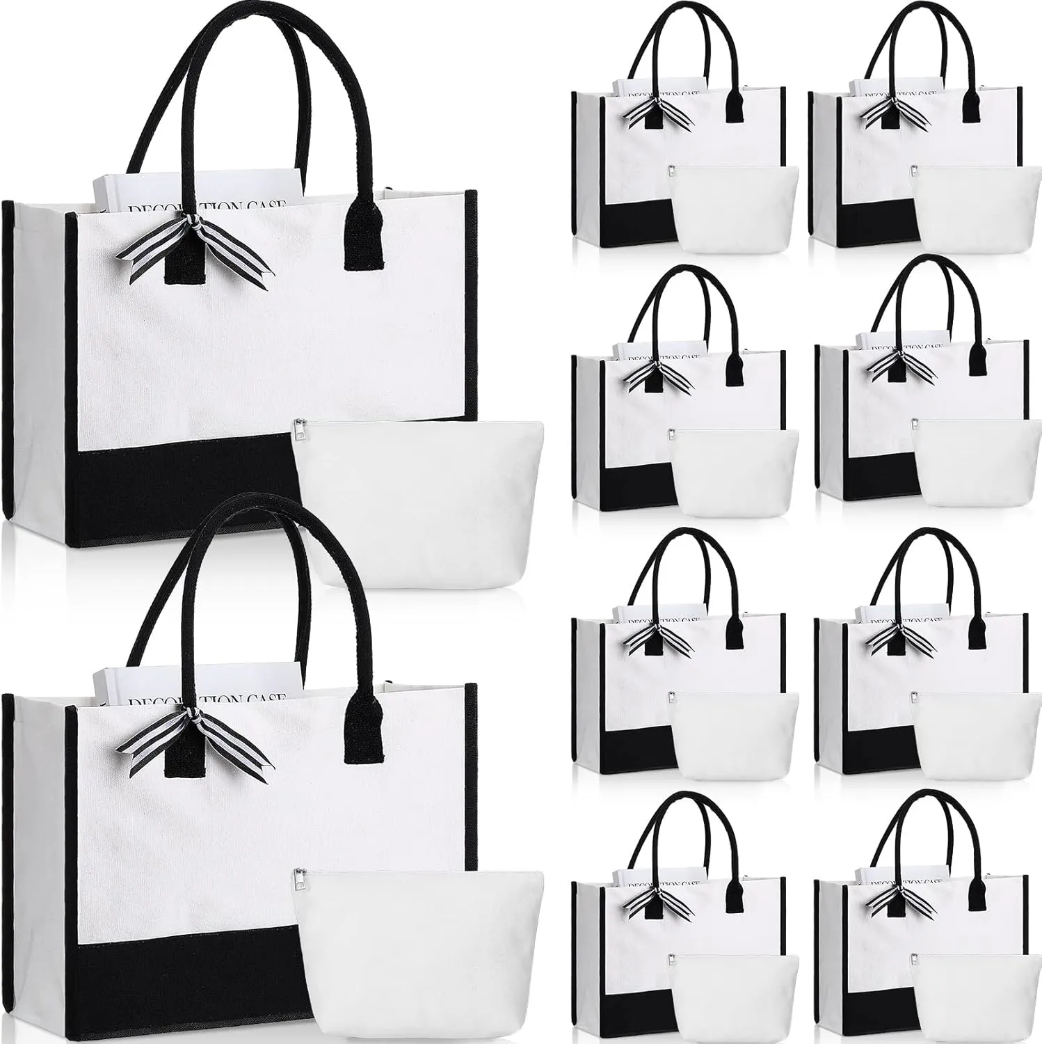 Reginary 10 Pcs Women Canvas Gift Bag with Makeup Bag Reusable Tote for Wedding Shopping Grocery