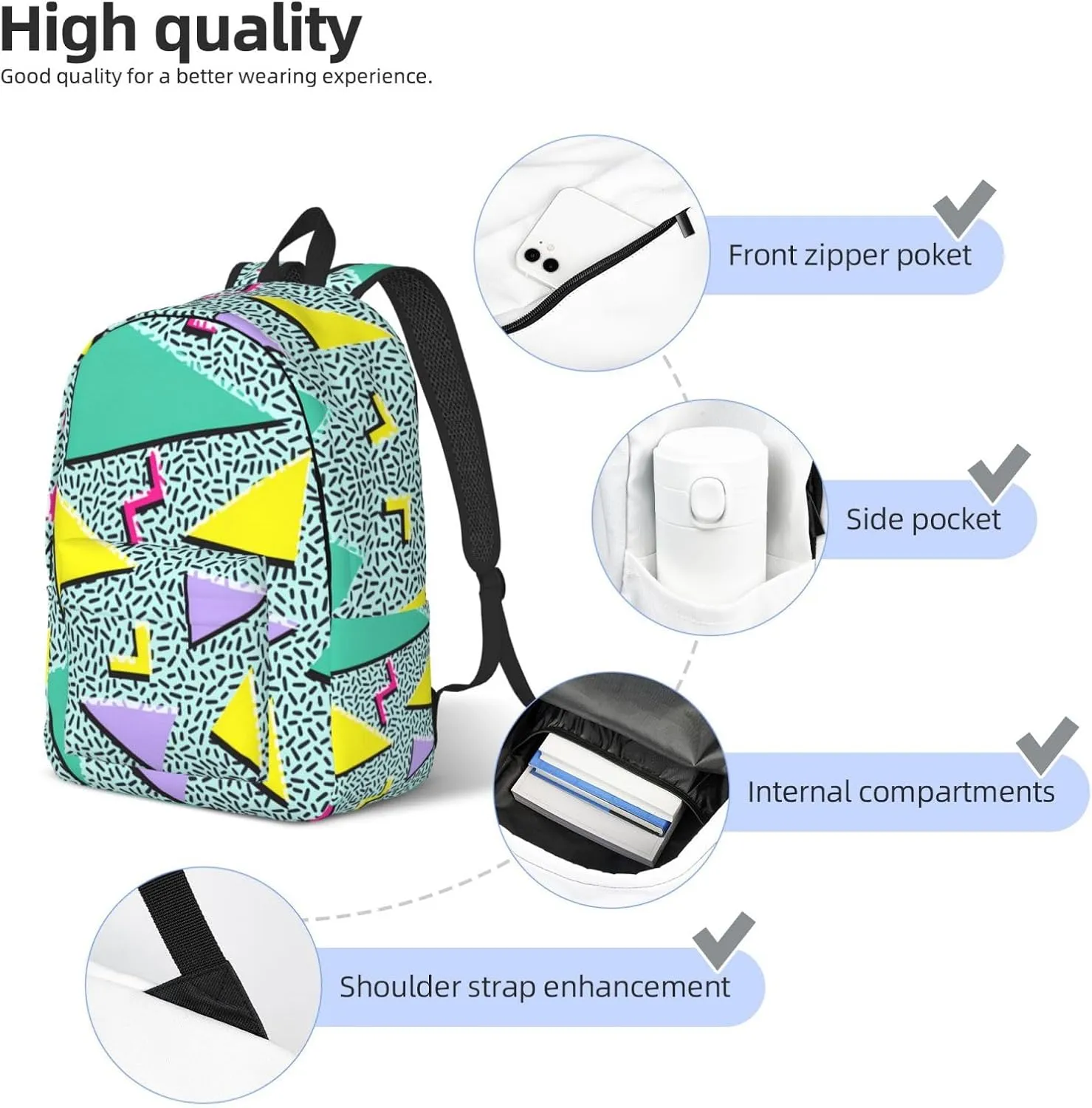 Retro 80s 90s 80'S 90'S Fashion Backpack for Girls Boys Women Lightweight Canvas Bookbag Casual Daypack for Travel Outdoor Camping, 15 Inches
