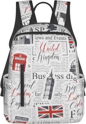 Retro British Flag Symbols Landmarks News Paper Stylish Casual Backpack Bag For Women Multipurpose Laptop Backpacks Computer Daypack For Men Picnic Travel Hiking