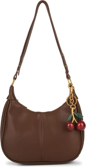 Retro Hobo Bag with Cherry Charm Vegan Leather Shoulder Crossbody Handheld Stylish Purse for Women