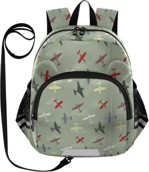 Retro Preschool Backpack Planes Grey Daycare Bookbag School Backpack with Traction Rope for Kids 3-6