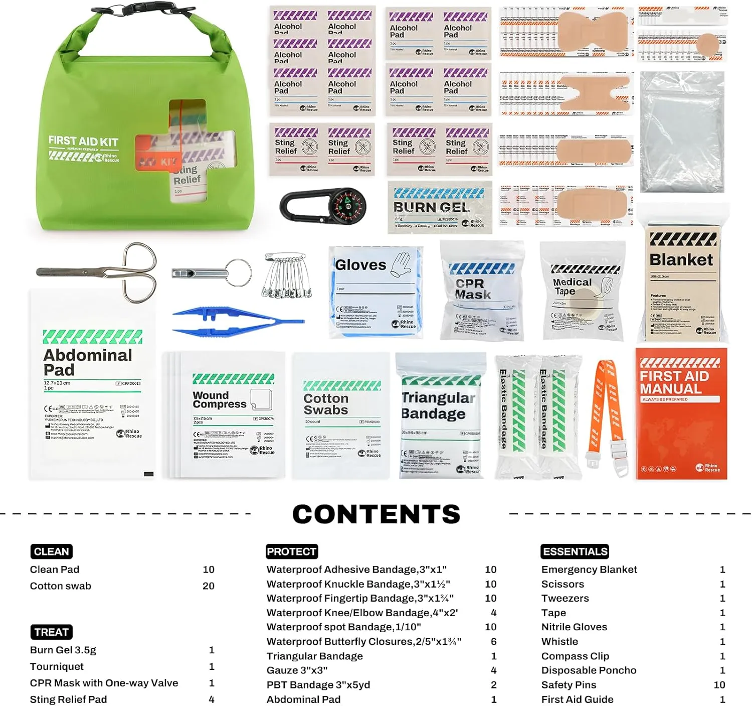 RHINO RESCUE Waterproof First Aid Kit, Lightweight Boat Dry Bag, Emergency Survival Supplies for Outdoor Kayak Floating Swimming & Camping FSA HSA Eligible (Green)