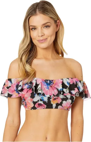 Riviera Blooms Mesh Ruffle Off-The-Shoulder Top