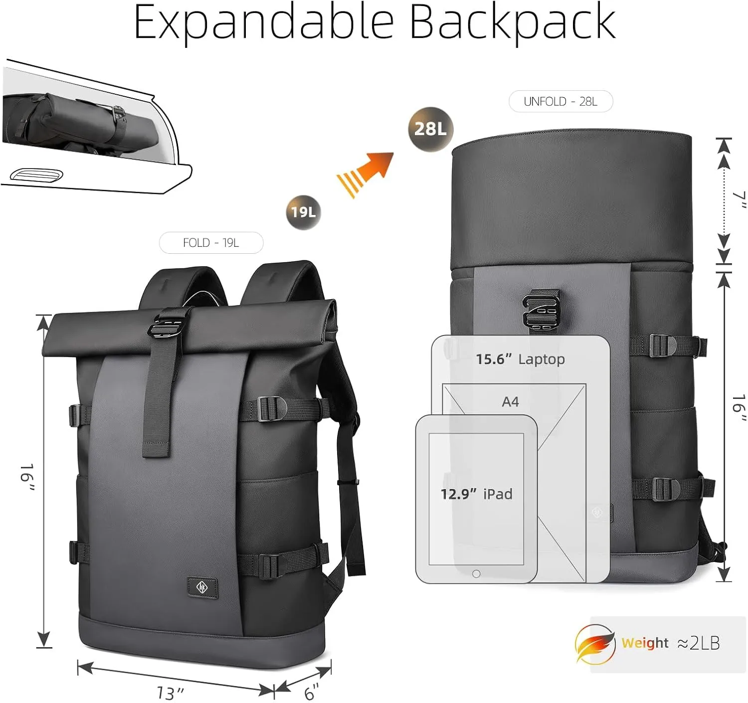 Roll Top Laptop Backpack Men Women Expandable 19-28L 15.6" Computer Backpack Ergonomic Water-Resistant Anti Theft Bag Stylish Large Capacity Backpack for Travel Business Work College Daily - Grey
